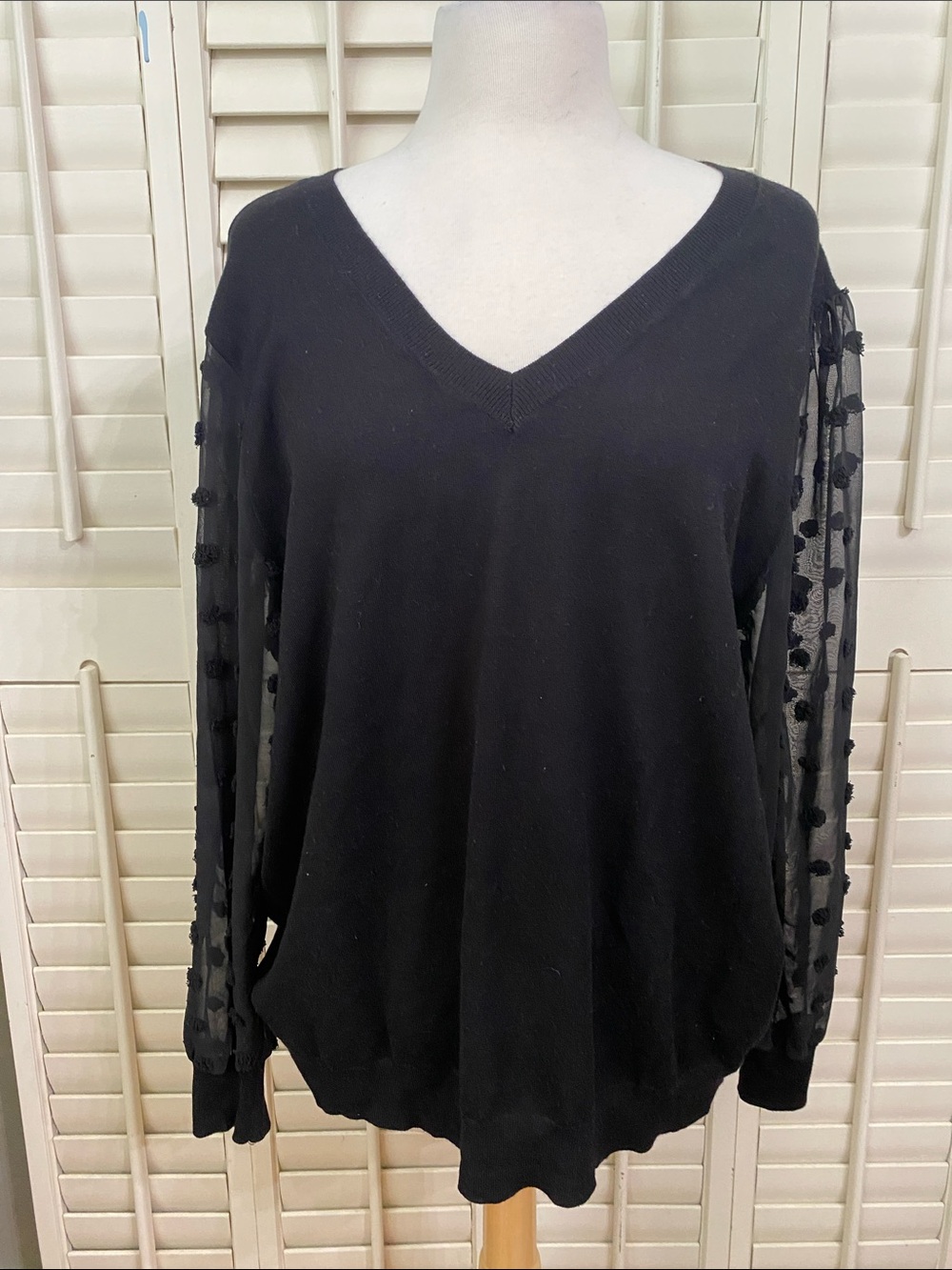 Black V-Neck Sweater Top with Sheer Dot-Trim Sleeves
